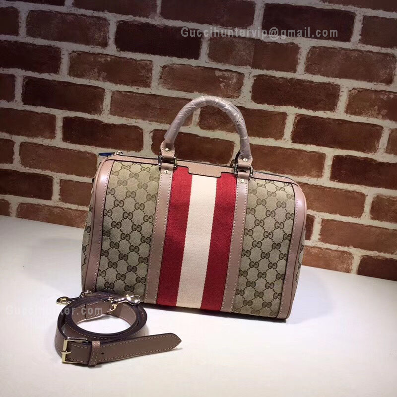 Gucci Beigebrown GG Canvas Vintage Web Boston Bag Pearl And Red 247205